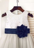 Tea-Length Lace Tulle Flower Girl Dress with Appliqued Details - A-line/Princess Illusion Neck BM bride