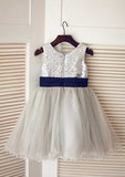 Tea-Length Lace Tulle Flower Girl Dress with Appliqued Details - A-line/Princess Illusion Neck BM bride