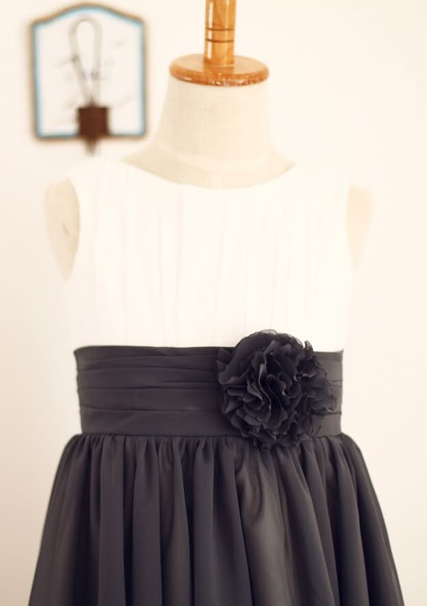 Knee-Length Chiffon Lace Flower Girl Dress with Pleated Sashes - A-line/Princess Scoop Neck BM bride