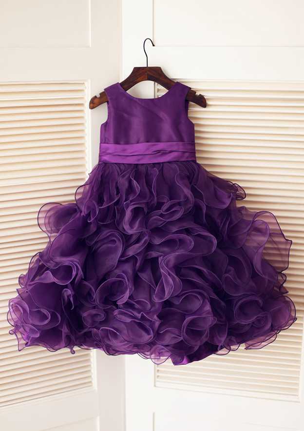 Ankle-Length Lace Tulle Flower Girl Dress with Graceful Sashes - A-line/Princess Illusion Neck BM bride