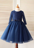 Knee-Length Lace Tulle Flower Girl Dress with Graceful Sashes - A-line/Princess Scoop Neck BM bride