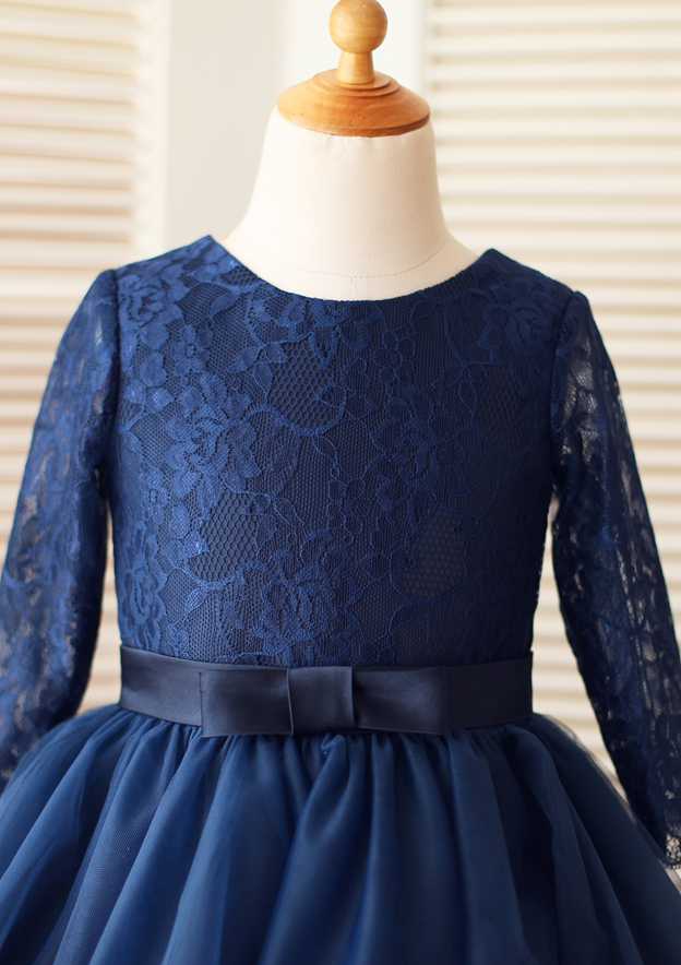 Knee-Length Lace Tulle Flower Girl Dress with Graceful Sashes - A-line/Princess Scoop Neck BM bride