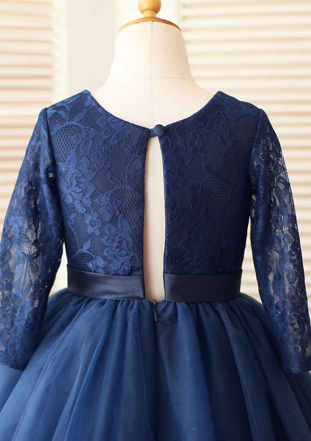 Knee-Length Lace Tulle Flower Girl Dress with Graceful Sashes - A-line/Princess Scoop Neck BM bride