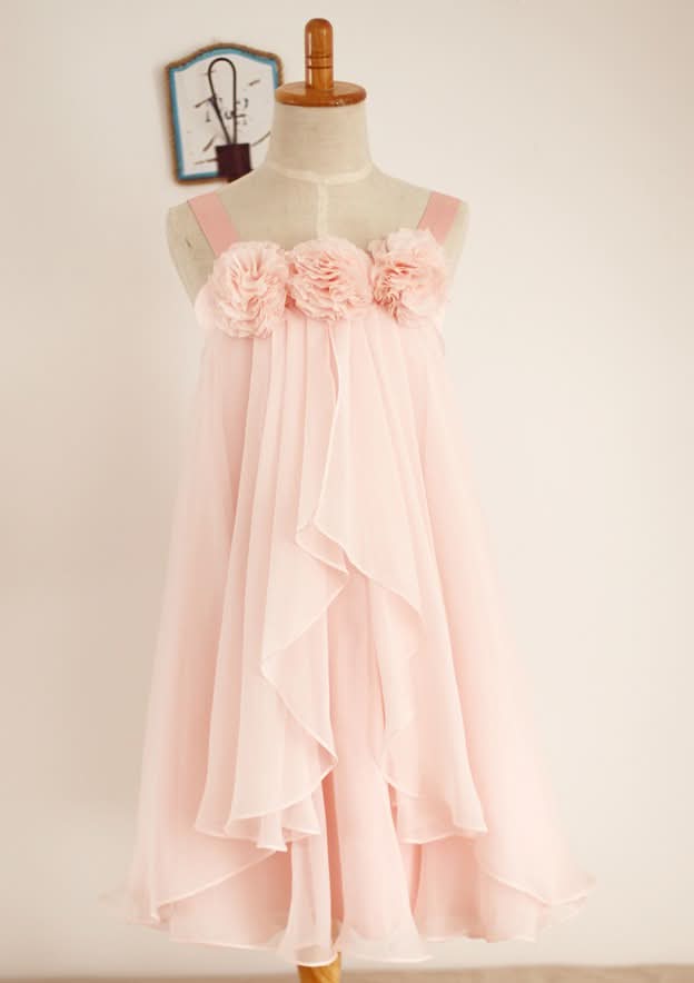 Asymmetrical Chiffon Flower Girl Dress with Delicate Floral Accents - A-line/Princess Square Neckline BM bride