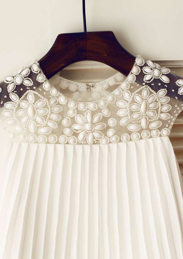 Knee-Length Chiffon Flower Girl Dress with Sparkling Beading and Rhinestone - A-line/Princess Scoop Neck BM bride