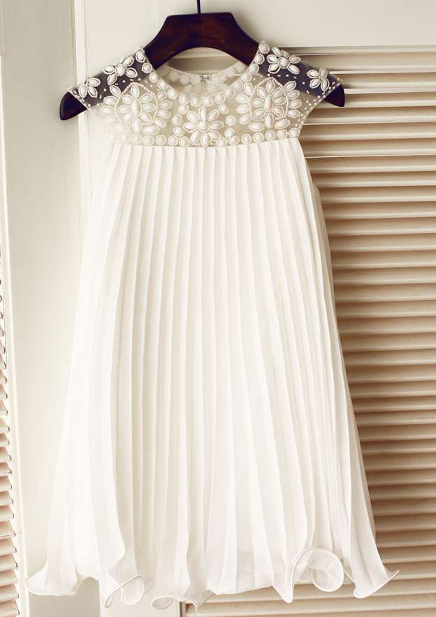 Knee-Length Chiffon Flower Girl Dress with Sparkling Beading and Rhinestone - A-line/Princess Scoop Neck BM bride