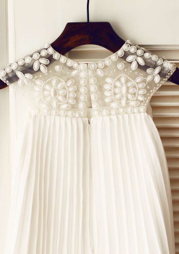Knee-Length Chiffon Flower Girl Dress with Sparkling Beading and Rhinestone - A-line/Princess Scoop Neck BM bride