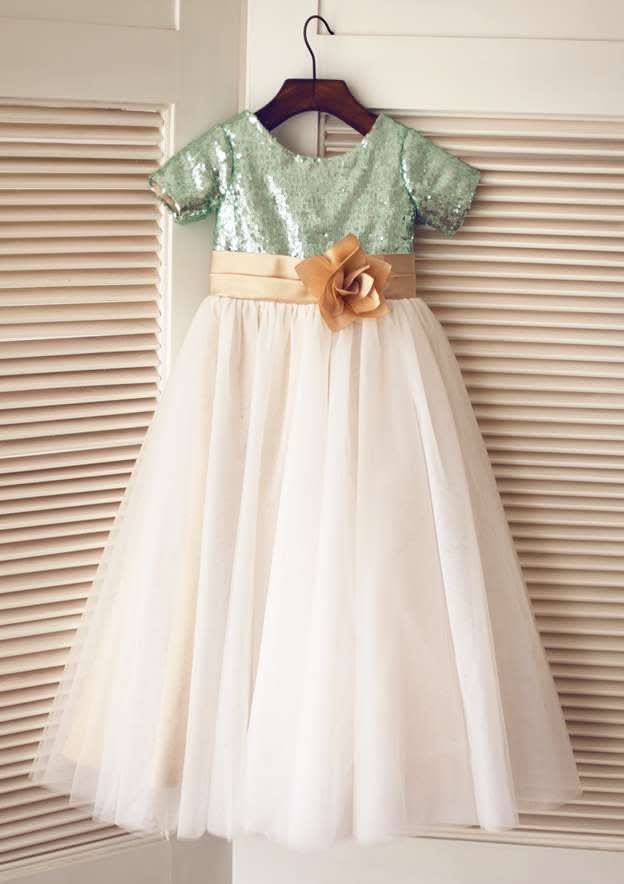 Ankle-Length Tulle Sequined Flower Girl Dress - A-line/Princess Square Neckline BM bride