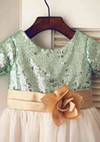 Ankle-Length Tulle Sequined Flower Girl Dress - A-line/Princess Square Neckline BM bride