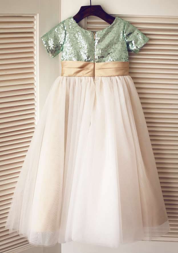 Ankle-Length Tulle Sequined Flower Girl Dress - A-line/Princess Square Neckline BM bride