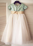 Ankle-Length Tulle Sequined Flower Girl Dress - A-line/Princess Square Neckline BM bride