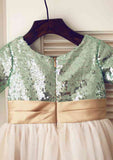 Ankle-Length Tulle Sequined Flower Girl Dress - A-line/Princess Square Neckline BM bride