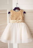 Short/Mini Sequined Tulle Dress with Adorable Bowknot - A-line/Princess Scoop Neck Flower Girl Dress BM bride