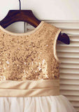 Short/Mini Sequined Tulle Dress with Adorable Bowknot - A-line/Princess Scoop Neck Flower Girl Dress BM bride