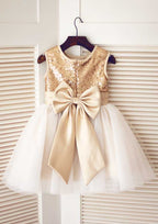 Short/Mini Sequined Tulle Dress with Adorable Bowknot - A-line/Princess Scoop Neck Flower Girl Dress BM bride
