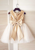 Short/Mini Sequined Tulle Dress with Adorable Bowknot - A-line/Princess Scoop Neck Flower Girl Dress BM bride