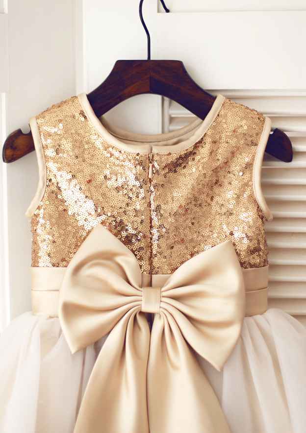Short/Mini Sequined Tulle Dress with Adorable Bowknot - A-line/Princess Scoop Neck Flower Girl Dress BM bride