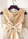 Short/Mini Sequined Tulle Dress with Adorable Bowknot - A-line/Princess Scoop Neck Flower Girl Dress BM bride