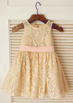 Knee-Length Lace Flower Girl Dress with Chic Bowknot Sashes - A-line/Princess Scoop Neck BM bride