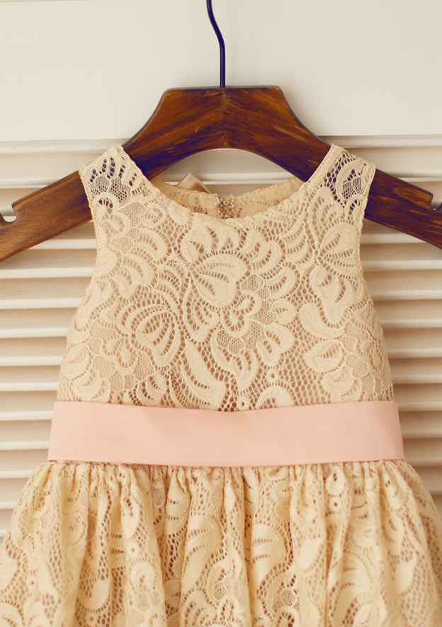 Knee-Length Lace Flower Girl Dress with Chic Bowknot Sashes - A-line/Princess Scoop Neck BM bride