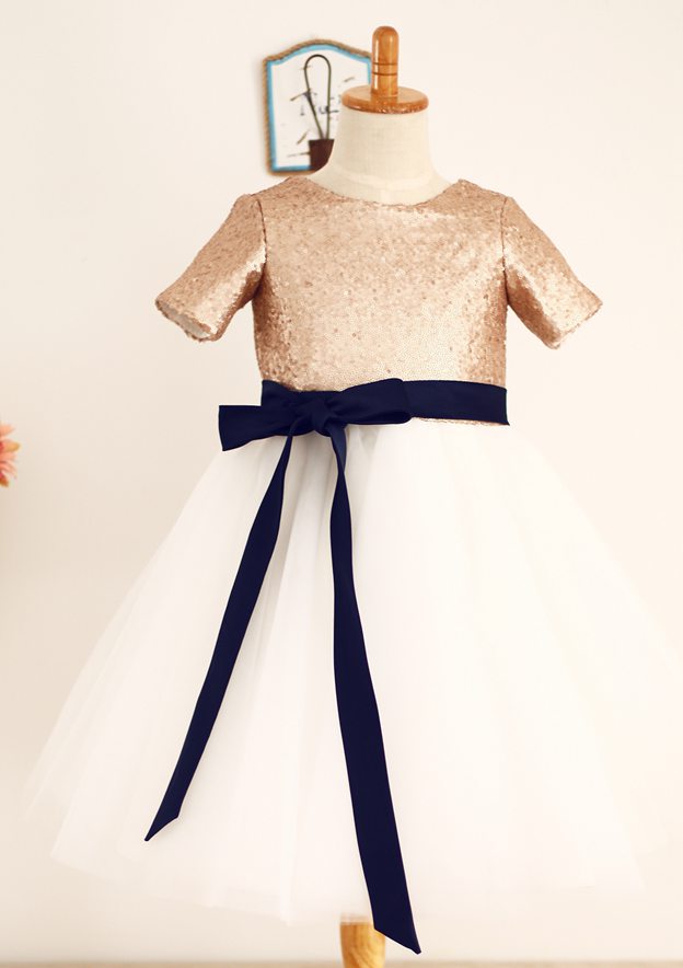 Tea-Length Sequined Tulle Flower Girl Dress with Stylish Sashes - A-line/Princess Scoop Neck BM bride