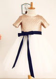 Tea-Length Sequined Tulle Flower Girl Dress with Stylish Sashes - A-line/Princess Scoop Neck BM bride
