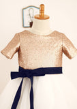 Tea-Length Sequined Tulle Flower Girl Dress with Stylish Sashes - A-line/Princess Scoop Neck BM bride