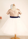 Tea-Length Sequined Tulle Flower Girl Dress with Stylish Sashes - A-line/Princess Scoop Neck BM bride