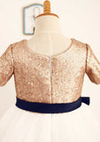 Tea-Length Sequined Tulle Flower Girl Dress with Stylish Sashes - A-line/Princess Scoop Neck BM bride