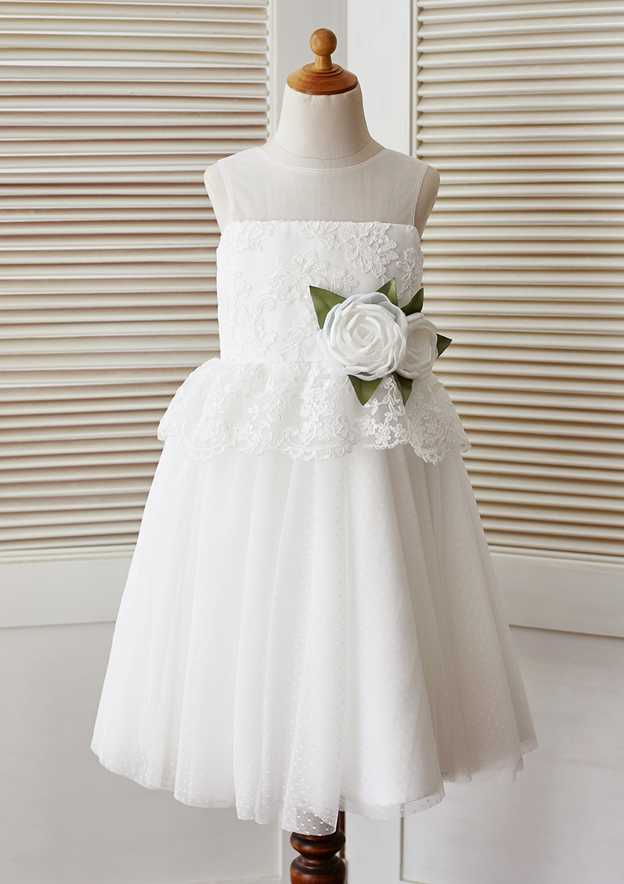 Tea-Length Lace and Tulle Dress with Floral Details - A-line/Princess Scoop Neck Flower Girl Dress BM bride