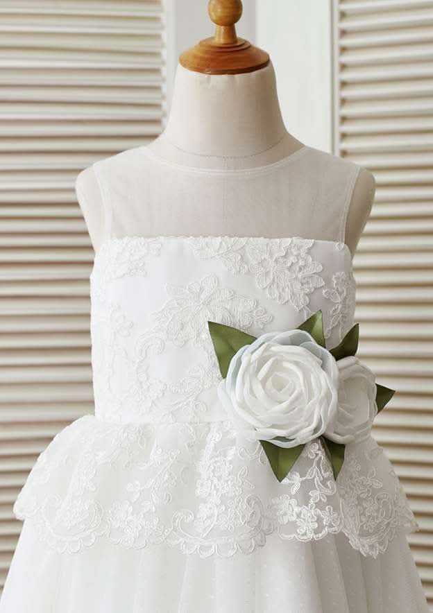 Tea-Length Lace and Tulle Dress with Floral Details - A-line/Princess Scoop Neck Flower Girl Dress BM bride