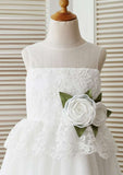 Tea-Length Lace and Tulle Dress with Floral Details - A-line/Princess Scoop Neck Flower Girl Dress BM bride