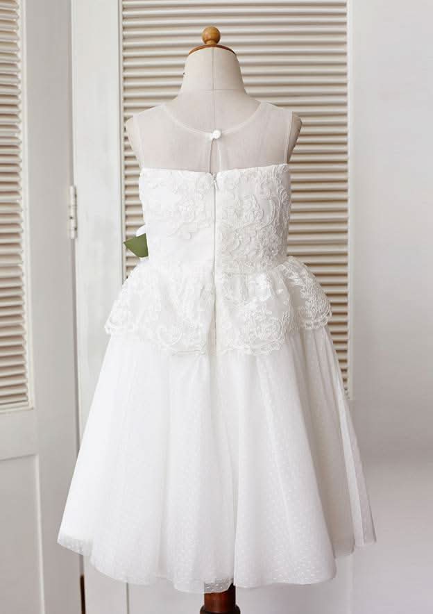 Tea-Length Lace and Tulle Dress with Floral Details - A-line/Princess Scoop Neck Flower Girl Dress BM bride