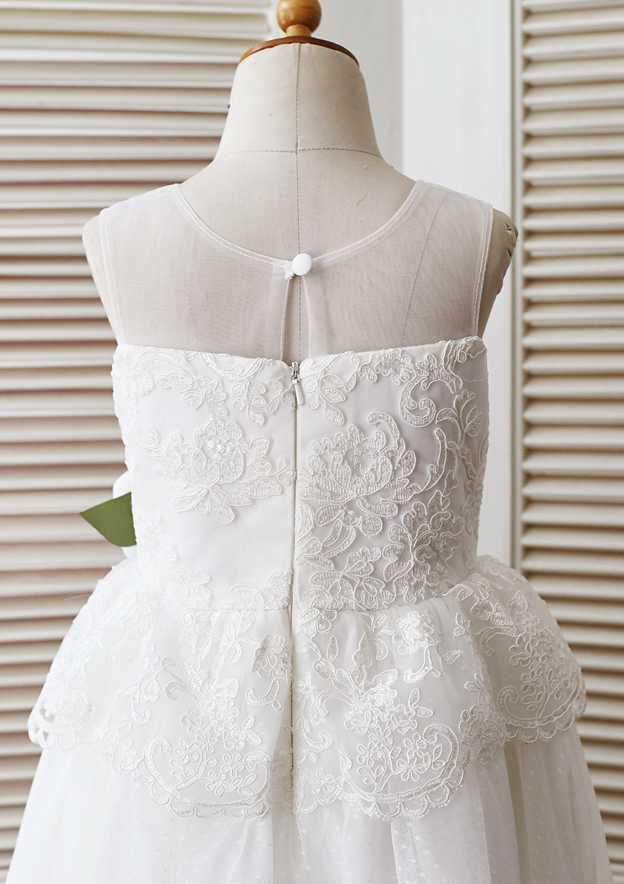 Tea-Length Lace and Tulle Dress with Floral Details - A-line/Princess Scoop Neck Flower Girl Dress BM bride