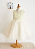 Knee-Length Chiffon Lace Flower Girl Dress - A-line/Princess Scoop Neck BM bride