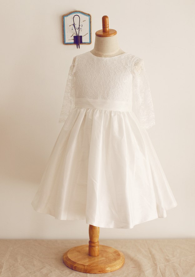 Tea-Length Lace and Taffeta Dress with Bowknot - A-line/Princess Half Sleeve Scoop Neck Flower Girl Dress BM bride