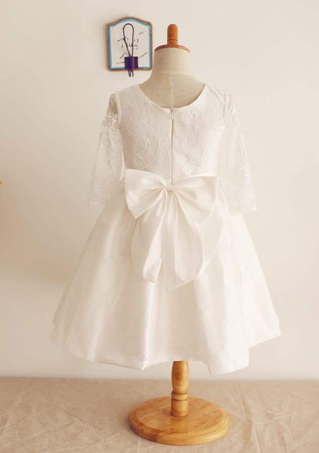 Tea-Length Lace and Taffeta Dress with Bowknot - A-line/Princess Half Sleeve Scoop Neck Flower Girl Dress BM bride