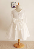 Tea-Length Lace and Taffeta Dress with Bowknot - A-line/Princess Half Sleeve Scoop Neck Flower Girl Dress BM bride