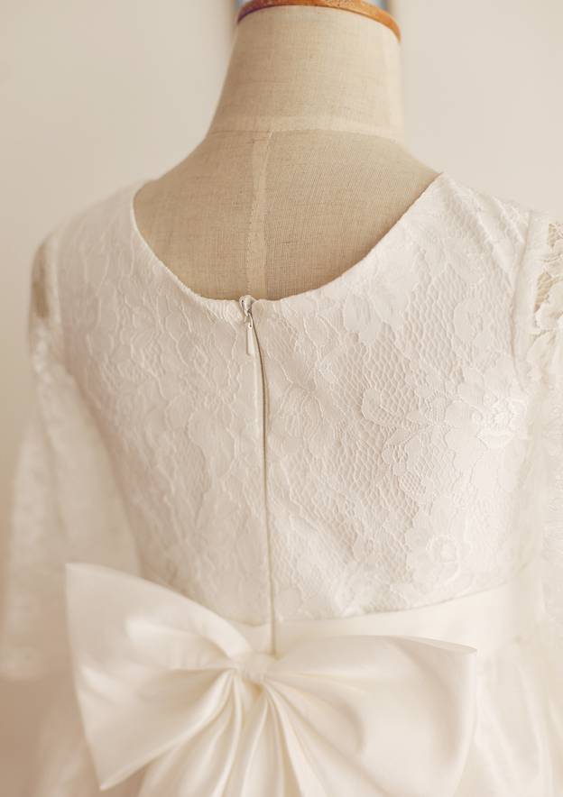 Tea-Length Lace and Taffeta Dress with Bowknot - A-line/Princess Half Sleeve Scoop Neck Flower Girl Dress BM bride