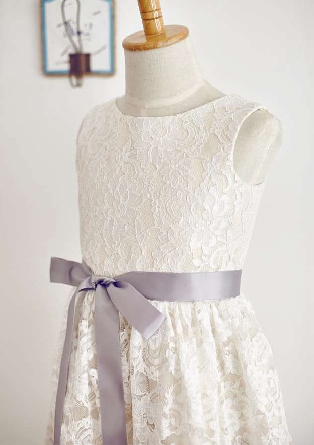 Knee-Length Tulle Sequined Flower Girl Dress with Stylish Sashes - A-line/Princess Scoop Neck BM bride
