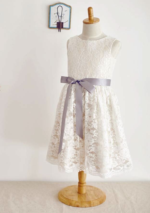 Knee-Length Tulle Sequined Flower Girl Dress with Stylish Sashes - A-line/Princess Scoop Neck BM bride