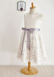 Knee-Length Tulle Sequined Flower Girl Dress with Stylish Sashes - A-line/Princess Scoop Neck BM bride