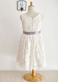 Knee-Length Tulle Sequined Flower Girl Dress with Stylish Sashes - A-line/Princess Scoop Neck BM bride