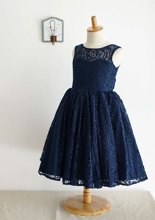 Tea-Length Lace Dress with Stylish Bowknot - A-line/Princess Scoop Neck Flower Girl Dress BM bride