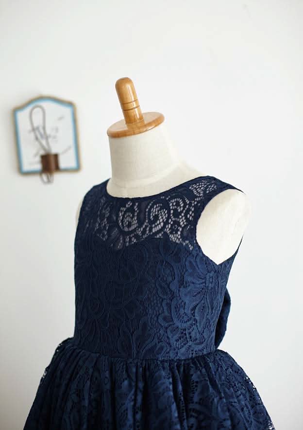 Tea-Length Lace Dress with Stylish Bowknot - A-line/Princess Scoop Neck Flower Girl Dress BM bride