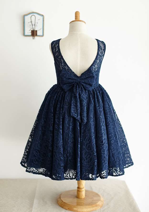 Tea-Length Lace Dress with Stylish Bowknot - A-line/Princess Scoop Neck Flower Girl Dress BM bride