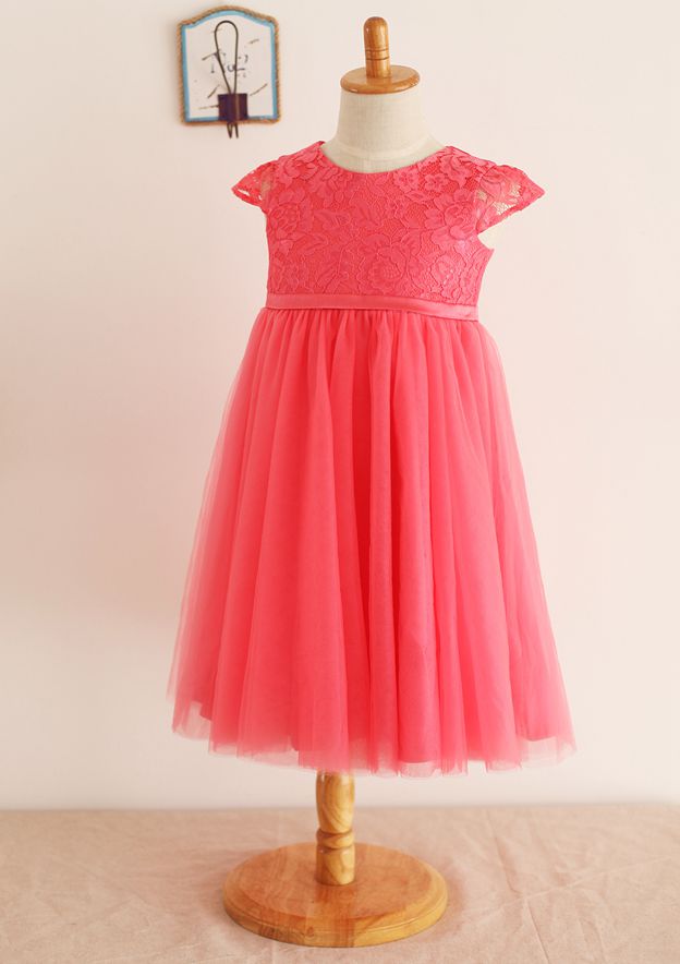 Tea-Length Lace and Tulle A-line/Princess Scoop Neck Flower Girl Dress BM bride