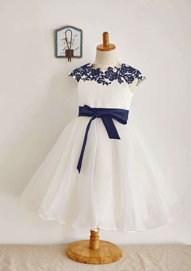 Tea-Length Lace and Organza Dress with Appliqued Details - A-line/Princess Scoop Neck Flower Girl Dress BM bride