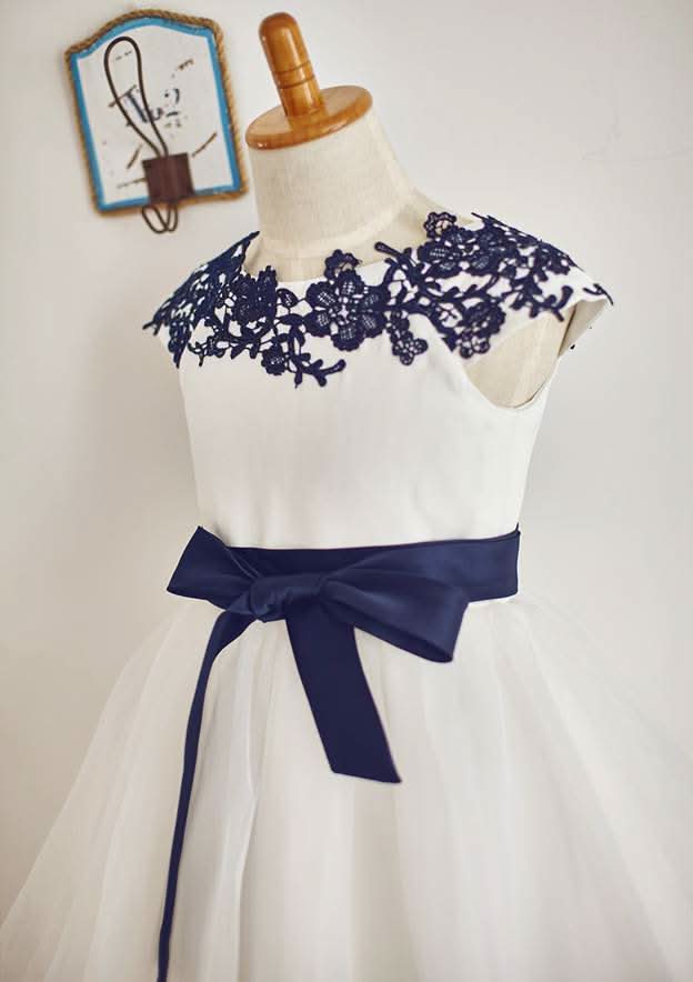 Tea-Length Lace and Organza Dress with Appliqued Details - A-line/Princess Scoop Neck Flower Girl Dress BM bride