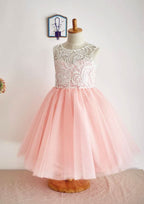 Knee-Length Lace Tulle Flower Girl Dress with Short Sleeves - A-line/Princess Scoop Neck BM bride